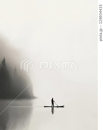 Minimalist scene of paddleboarding in morning haze 129034433