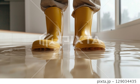 Close-up of waterproof boots in rising indoor floodwater, natural disaster or heavy rain concept 129034435