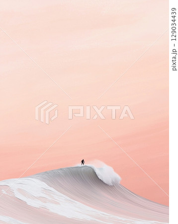 Surfer riding a giant wave under pastel pink sky at sunrise, peaceful and minimalistic ocean scene 129034439
