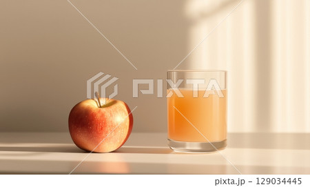 Minimal composition of apple juice and whole apple in morning light on neutral background 129034445
