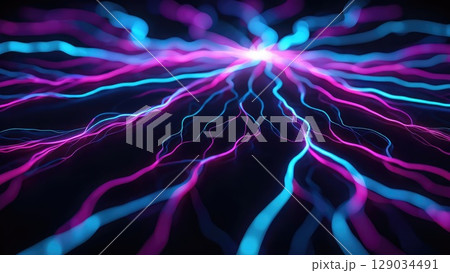 Electric neon lightning lines criss-cross a dark field, glowing in vibrant pink and blue colors. A sci-fi energy abstract background. Generative AI. 129034491