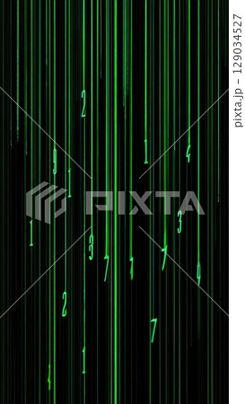 Vertical digital rain with glowing green numbers on black background. Matrix-style abstract concept, ideal for tech-focused smartphone wallpapers. Generative AI. 129034527