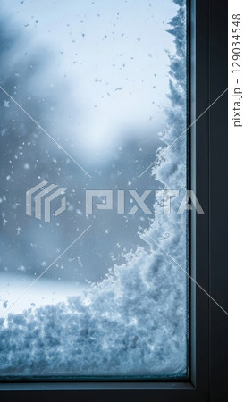 Frosted winter window with snowy scene outside. A cozy cold season background for smartphone lovers of winter vibes. Generative AI. 129034548