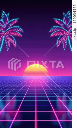 Retro sunset with neon palm trees and grid horizon in vaporwave style. Bold 80s aesthetic for smartphone background. Generative AI. 129034556
