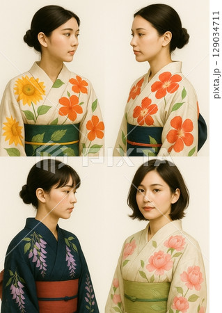 花柄の浴衣女性 上半身 横顔等 4パターン 花柄の浴衣女性 上半身 横顔等 4パターン 129034711