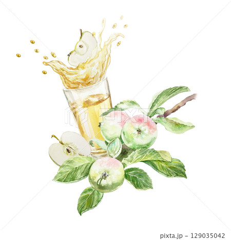 Apple juice in glass goblet with splashes and twig with ripe fruits and green leaves watercolor illustration isolated. Hand drawn bright botanical clip art for creating juice labels or menu design. Apple juice in glass goblet with splashes and twig with ripe fruits and green leaves watercolor illustration isolated. Hand drawn bright botanical clip art for creating juice labels or menu design. 129035042
