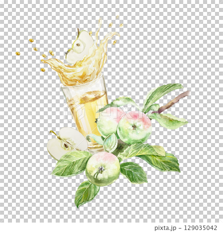 Apple juice in glass goblet with splashes and twig with ripe fruits and green leaves watercolor illustration isolated. Hand drawn bright botanical clip art for creating juice labels or menu design. Apple juice in glass goblet with splashes and twig with ripe fruits and green leaves watercolor illustration isolated. Hand drawn bright botanical clip art for creating juice labels or menu design. 129035042