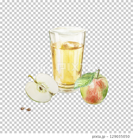 Glass of fresh apple juice, whole tasty fruit with leaf and its half watercolor illustration isolated. Hand drawn bright botanical clip art for creating juice labels or menu design. Glass of fresh apple juice, whole tasty fruit with leaf and its half watercolor illustration isolated. Hand drawn bright botanical clip art for creating juice labels or menu design. 129035050