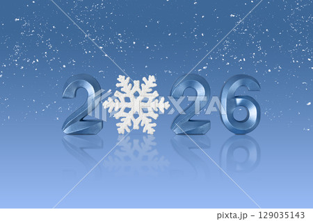 Blue numbers 2026 on blue background with a white snowflake and falling snow. Postcard for New Year and Christmas 129035143