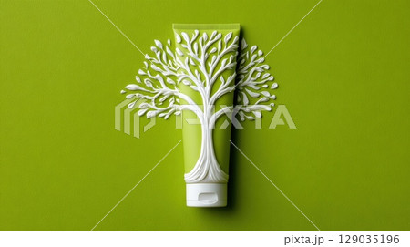 Eco-Friendly Cosmetic Tube with Tree Design on Green Background 129035196