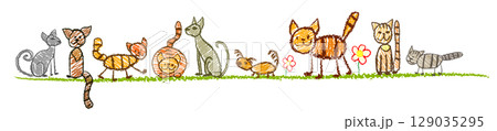 Cats drawn with pencils by children. hand drawn. Not AI, Vector illustration 129035295