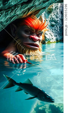 A shaggy troll is fishing in a cave. Hiding near the cave wall, the troll tries to catch a fish. 129035296