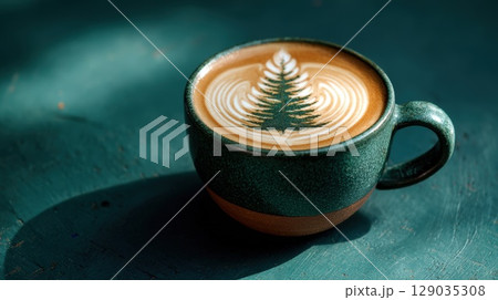 Elegant Latte Art in Green Ceramic Cup on Wooden Table 129035308