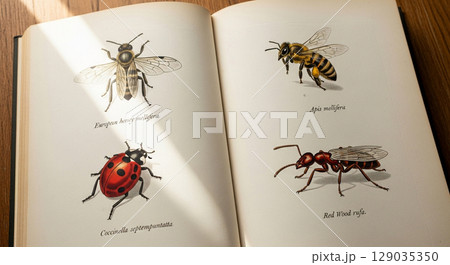 An open book page displays an intricate engraving of various common garden insects. Featured are a bee, ladybug, and ant, illuminated by warm sunlight. An open book page displays an intricate engraving of various common garden insects. Featured are a bee, ladybug, and ant, illuminated by warm sunlight. 129035350