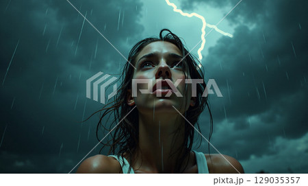 Caught in a torrential downpour, a young woman stands in an open area with hair clinging to her face. Dark storm clouds swirl overhead as lightning flashes, conveying her growing fear. Caught in a torrential downpour, a young woman stands in an open area with hair clinging to her face. Dark storm clouds swirl overhead as lightning flashes, conveying her growing fear. 129035357
