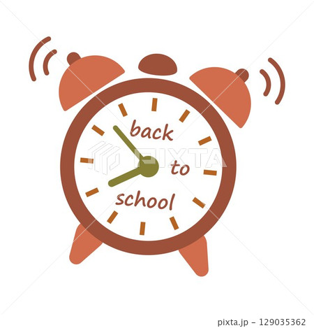 Back to School Alarm Clock. Vintage ringing alarm clock with Back to Schooltext inside, isolated. Educational time reminder concept for school season, study routine, morning wake up. 129035362