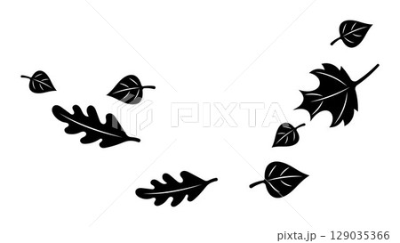 Falling Leaves Blowing in the Wind. Black Silhouette Vector of Autumn Tree Leaves Scattered by Air Flow, Minimal Seasonal Illustration, Decorative Nature Element for Print, Design, or Sticker 129035366