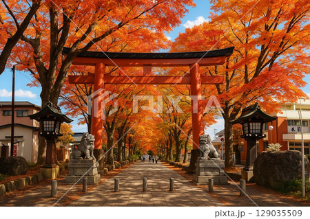 秋の氷川神社の参道と鳥居 129035509