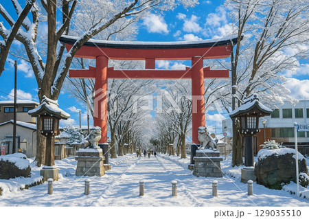 雪景色の氷川神社の参道と鳥居 129035510