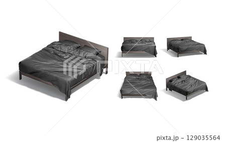 Blank wooden double bed with black bedding mockup, different views 129035564