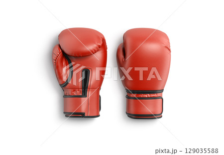 Blank red boxing gloves mockup lying, front and back, isolated 129035588