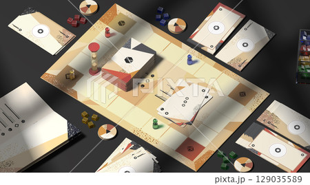 Colored board game field with chips, dice and cards mockup 129035589
