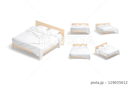 Blank wooden double bed with white bedding mockup, different views 129035612