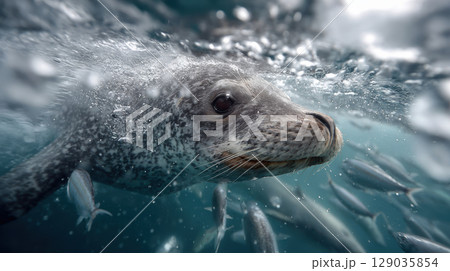 Playful seal underwater with swirling fish: capturing marine life dynamism 129035854