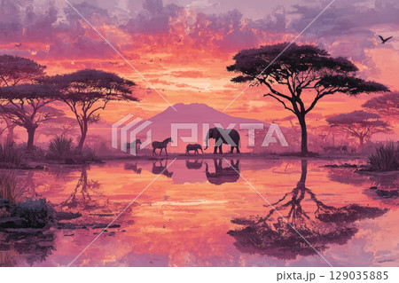 Beautiful african sunset with elephant and zebras near reflective waterhole Beautiful african sunset with elephant and zebras near reflective waterhole 129035885