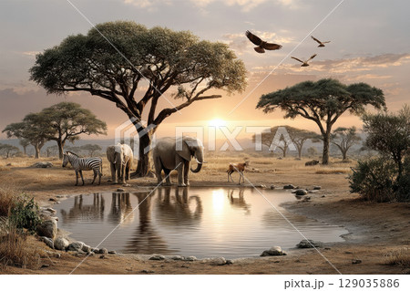 Serene african safari at sunset with elephants, zebra, antelope by watering hole and birds in flight near tranquil acacia trees Serene african safari at sunset with elephants, zebra, antelope by watering hole and birds in flight near tranquil acacia trees 129035886