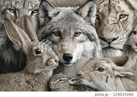 Majestic animals close-up: wolf, lion, rabbit, hare, and more in detailed portrait 129035890