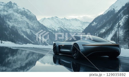 Sleek black sports car on snowy mountain road reflecting on pristine water 129035892