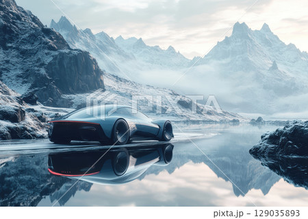 Futuristic silver car in snowy mountain landscape with tranquil reflection 129035893
