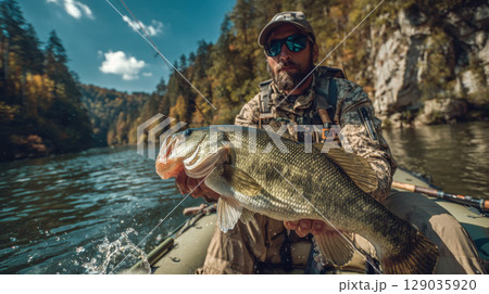 Fisherman in camouflage holding large bass on scenic river surrounded by autumn forest under clear blue sky 129035920