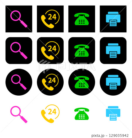 Set of contact icons. Search, 24 hour support, phone and fax 129035942