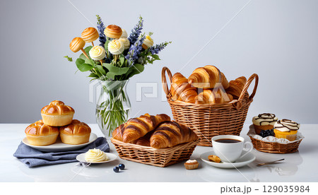 fresh bread with bakery products on white background 129035984