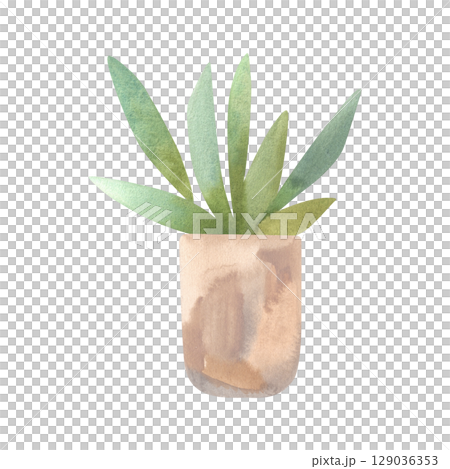 Succulent in a concrete pot. Interior decoration in minimalist Japanese style. Isolated watercolor illustration. 129036353