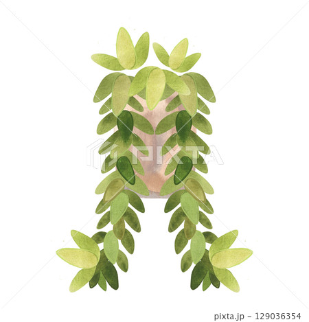 Succulent in a concrete pot. Interior decoration in minimalist Japanese style. Isolated watercolor illustration. Succulent in a concrete pot. Interior decoration in minimalist Japanese style. Isolated watercolor illustration. 129036354