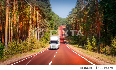 森林の赤茶けた道路を疾走する大型トラック 129036376