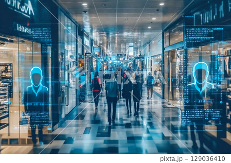 Crowded shopping mall with futuristic digital displays and diverse shoppers walking through modern retail environment 129036410