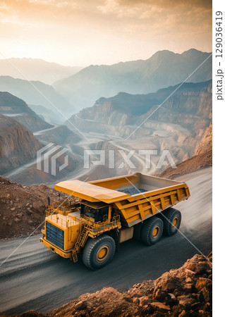 Massive yellow dump truck navigating rugged terrain in mountainous open-pit mine 129036419