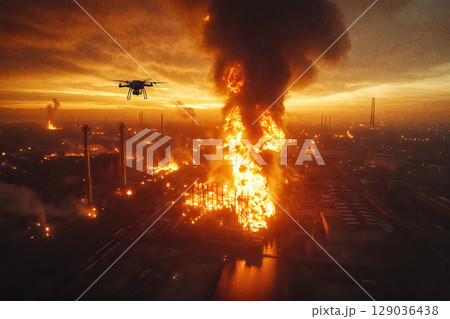 Dramatic industrial fire at oil refinery captured by drone at sunset 129036438