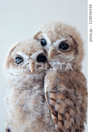 Adorable fluffy owlets embracing against light background showcasing tender bond and natural beauty 129036439