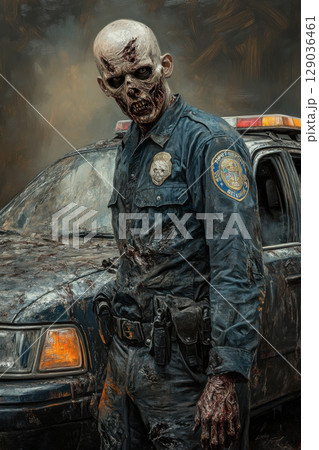 Zombie police officer with decayed uniform standing by abandoned patrol car in apocalyptic setting 129036461