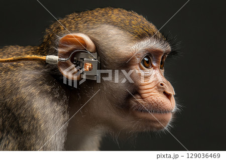 Monkey with electronic device on ear observing right in detailed profile on dark background 129036469