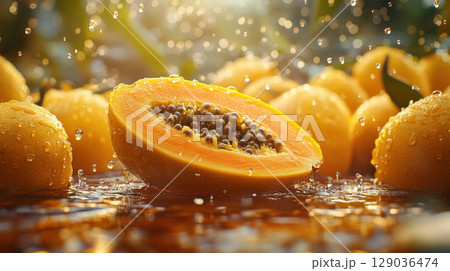 Fresh juicy papaya half with seeds in sunlit water droplets against lush fruit background 129036474