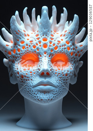Futuristic 3d-printed illuminated mask design for innovative art installations and creative space decor 129036587