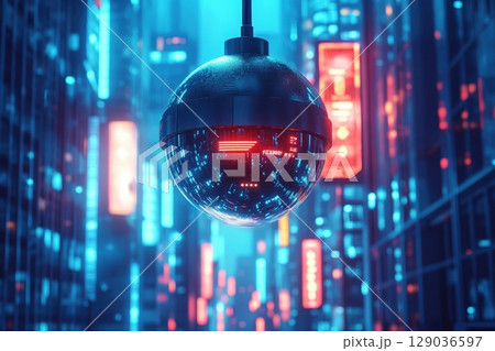 Cyberpunk city surveillance: neon glowing security camera in high-tech urban environment Cyberpunk city surveillance: neon glowing security camera in high-tech urban environment 129036597