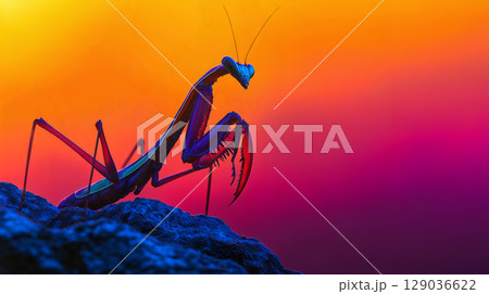 Colorful sunset silhouette of a praying mantis on rocky surface, insect on background of vibrant sky Colorful sunset silhouette of a praying mantis on rocky surface, insect on background of vibrant sky 129036622