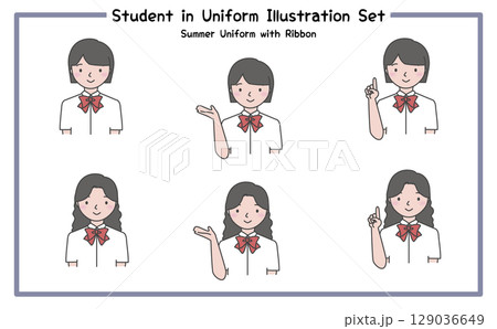 学生の制服姿 イラストセット5-4 (半袖シャツ&リボン) 学生の制服姿 イラストセット5-4 (半袖シャツ&リボン) 129036649